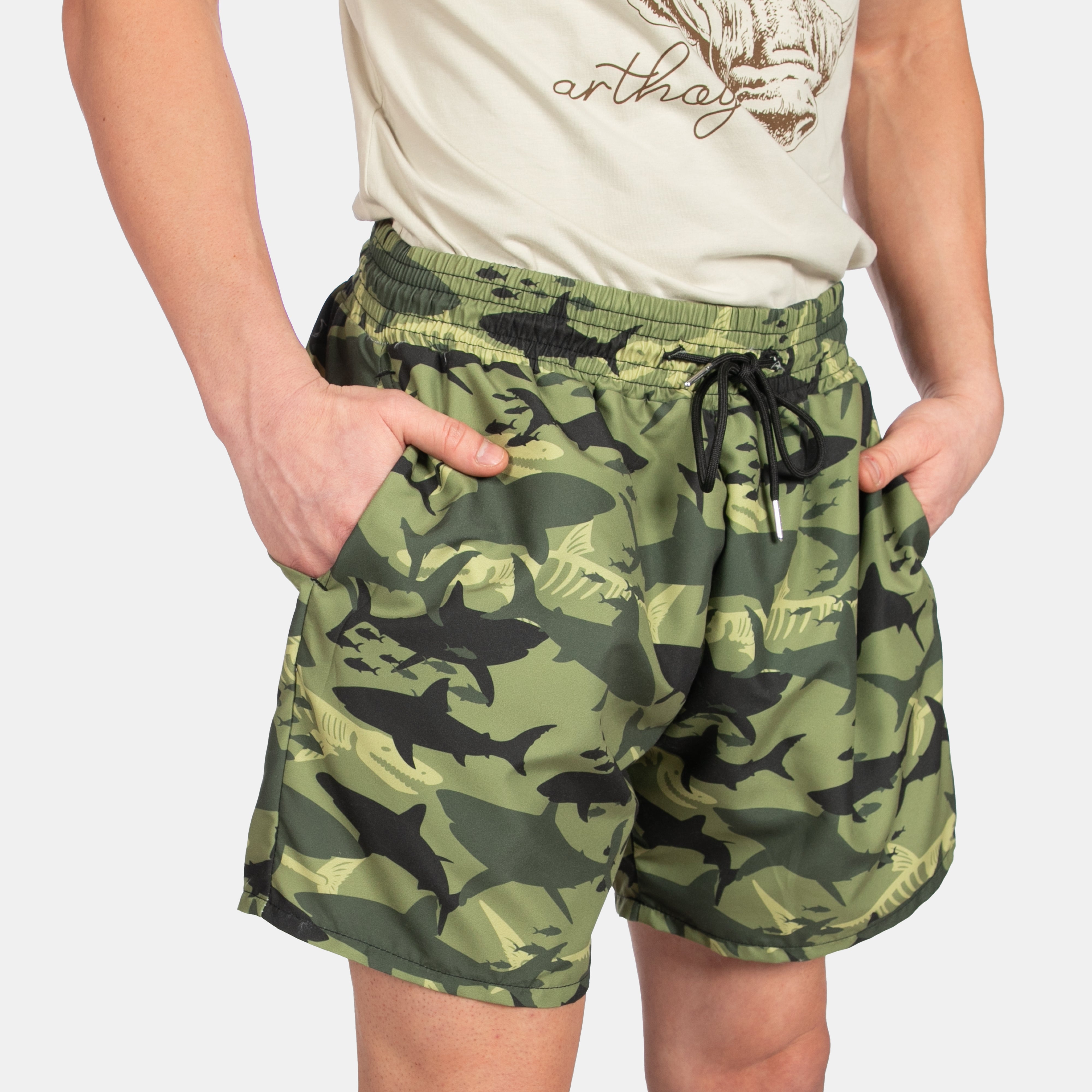 Men s Camo Shark Design Swim Shorts with Drawstring